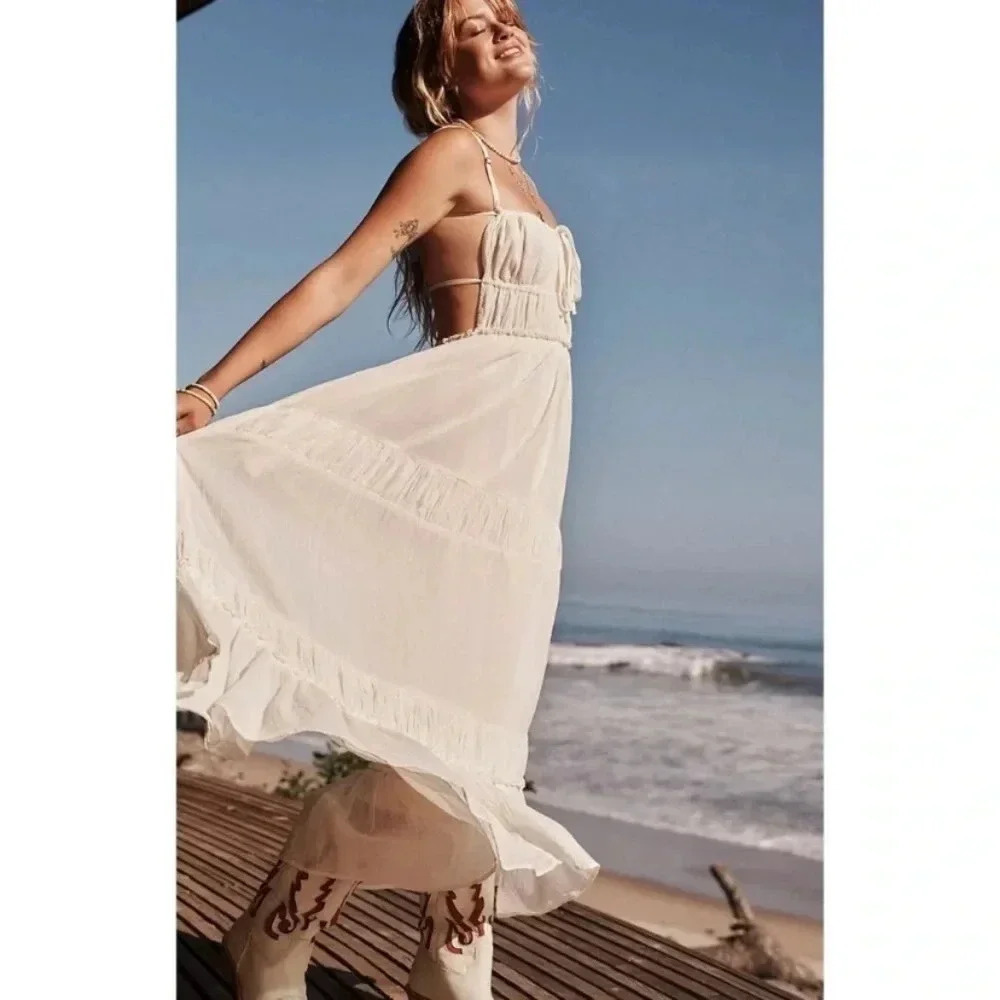 Free People Taking Sides Summer Maxi Dress Ivory Size Large